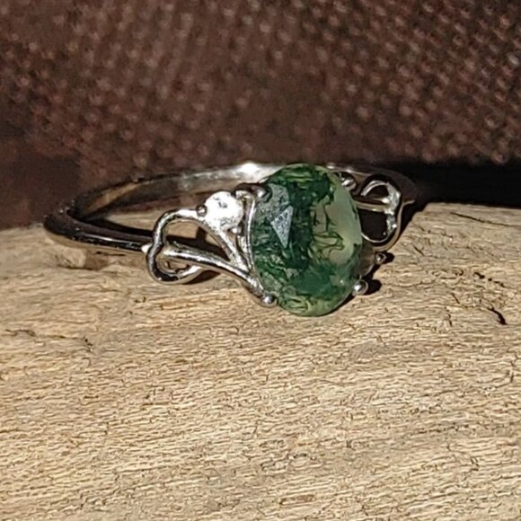 Moss Agate Ring Quartz Sterling Silver 925 Size 8 Oval Green Nature Earth Stamp - Picture 2 of 16